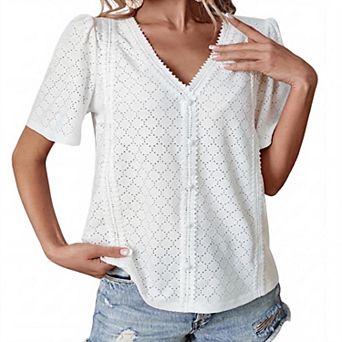 Elegant Scalloped V-Neck Eyelet Blouse Women's Stretchy Short Sleeve Top