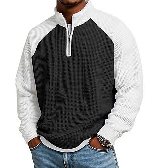 Men's Waffle Knit Quarter Zip Pullover Long Sleeve Stand Collar Sweatshirt