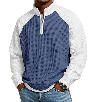 Men's Waffle Knit Quarter Zip Pullover Long Sleeve Stand Collar Sweatshirt