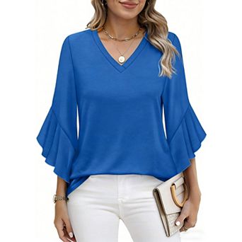 V Neck Flare 3/4 Sleeve Cotton Blend Blouse Loose Curved Hem Casual Office Daily Top