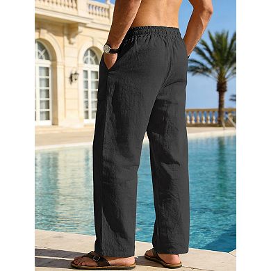 Men’s Linen Pants Elastic Drawstring Waist Casual Resort Trousers
