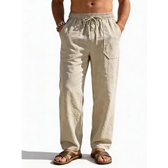 Men’s Linen Pants Elastic Drawstring Waist Casual Resort Trousers