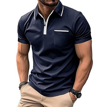 Men's Casual Short Sleeve Polo Shirt, Slim Fit Quarter Zip Golf T-Shirt with Pocket, Contrast Trim