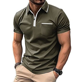 Men's Casual Short Sleeve Polo Shirt, Slim Fit Quarter Zip Golf T-Shirt with Pocket, Contrast Trim