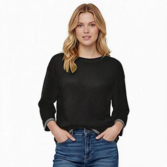 Women Crew Neck Drop Shoulder Knit Sweater Stripe Cuff Loose Casual Pullover Top