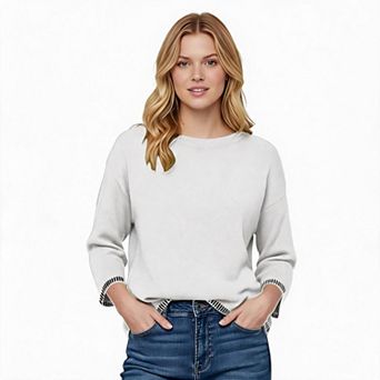 Women Crew Neck Drop Shoulder Knit Sweater Stripe Cuff Loose Casual Pullover Top