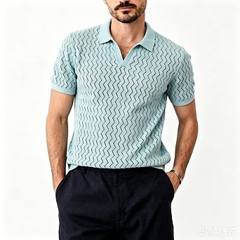 Men's Light Blue Textured Knit Polo Shirt Short Sleeve V-Neck Collared Casual Top