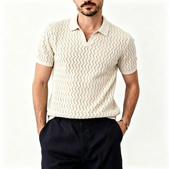 Men's Light Blue Textured Knit Polo Shirt Short Sleeve V-Neck Collared Casual Top