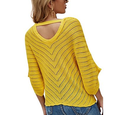 Women's V Neck Short Sleeve Pullover Sweater Lightweight Hollow Out Knit Top