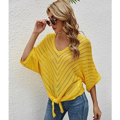 Women's V Neck Short Sleeve Pullover Sweater Lightweight Hollow Out Knit Top