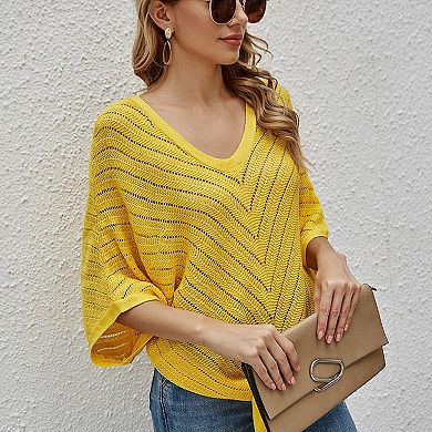 Women's V Neck Short Sleeve Pullover Sweater Lightweight Hollow Out Knit Top