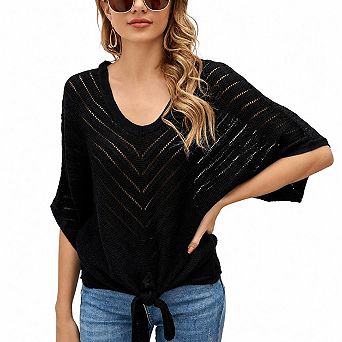 Women's V Neck Short Sleeve Pullover Sweater Lightweight Hollow Out Knit Top