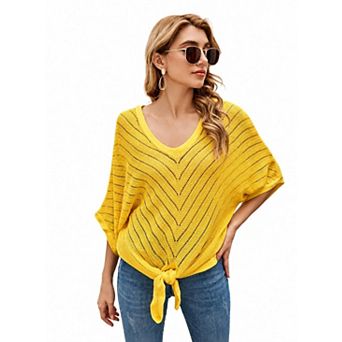 Women's V Neck Short Sleeve Pullover Sweater Lightweight Hollow Out Knit Top