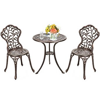 3 pc Brown Cast Aluminum Patio Set with Rose Pattern, Lounge Chairs and Side Table
