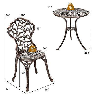 3 Pieces Brown Cast Aluminum Patio Set with Rose Pattern, Lounge Chairs and Side Table