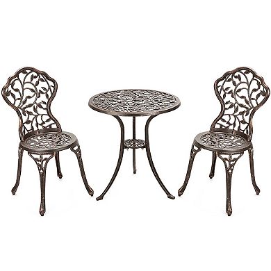3 Pieces Brown Cast Aluminum Patio Set with Rose Pattern, Lounge Chairs and Side Table