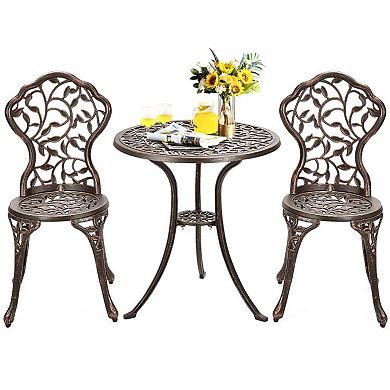 3 Pieces Brown Cast Aluminum Patio Set with Rose Pattern, Lounge Chairs and Side Table
