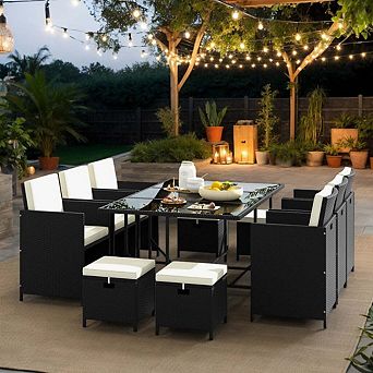 11 pc Black & White Wicker Patio Dining Set with Tempered Glass Table and Waterproof Cushions