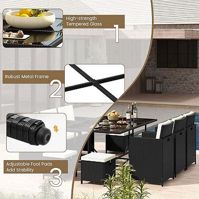 11 Pieces Black & White Wicker Patio Dining Set with Tempered Glass Table and Waterproof Cushions
