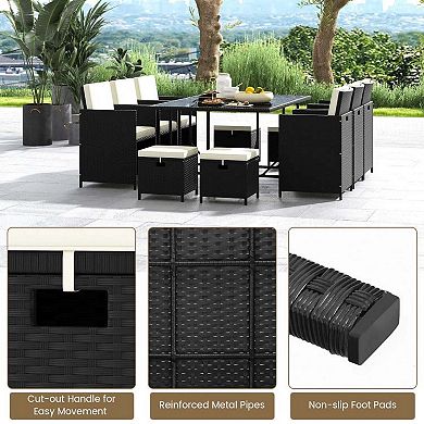 11 Pieces Black & White Wicker Patio Dining Set with Tempered Glass Table and Waterproof Cushions