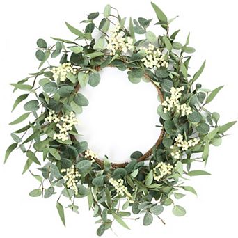 20 Inch Eucalyptus Wreath with Berries Lifelike Durable All Seasons Front Door Porch Decor