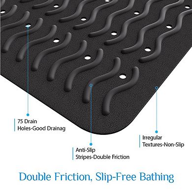 Non Slip Bath Mat Soft TPE Shower Mat with Suction Cups Drain Holes Wave Texture Machine Washable
