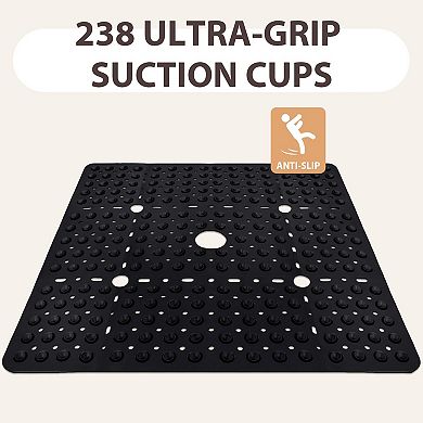 Square Shower Mat Non Slip Large Soft TPE Floor Suction Cups Drain Holes Machine Washable