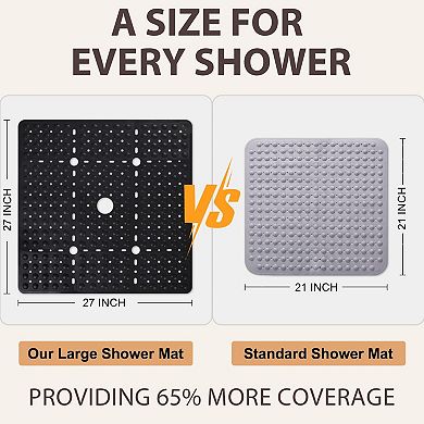 Square Shower Mat Non Slip Large Soft TPE Floor Suction Cups Drain Holes Machine Washable
