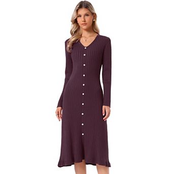 Ribbed Knit Sweater Dress for Women's V Neck Long Sleeve Fall Winter Pleated Hem A Line Midi Dress
