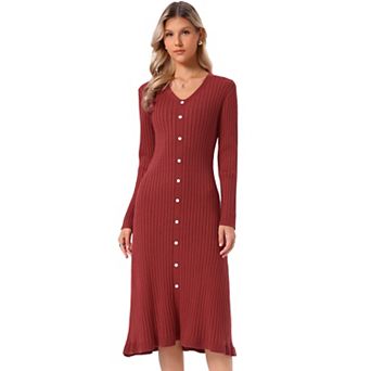 Ribbed Knit Sweater Dress for Women's V Neck Long Sleeve Fall Winter Pleated Hem A Line Midi Dress