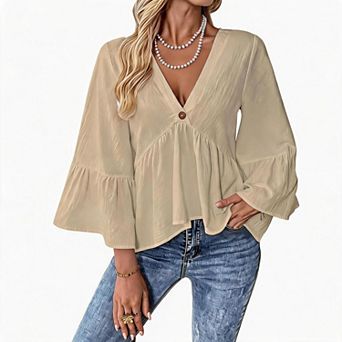 Women V Neck Single Button Peplum Blouse Flare Ruffle Long Sleeve Loose Casual Shirt