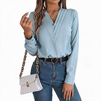 Women Pleated V Neck Long Sleeve Blouse Lapel Cuff Button Down Loose Casual Shirt