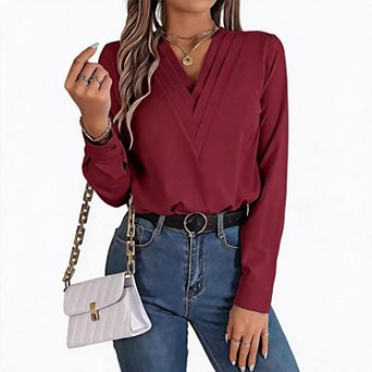 Women Pleated V Neck Long Sleeve Blouse Lapel Cuff Button Down Loose Casual Shirt