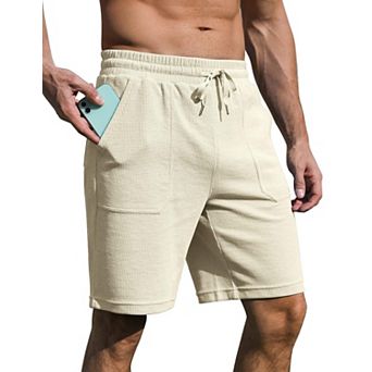 Men's Waffle Knit Athletic Shorts Drawstring Side Back Pockets