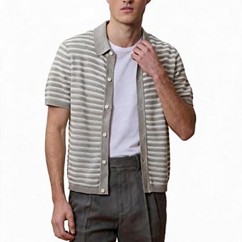 Men’s Striped Hollow Polo Shirt Short Sleeve Summer Casual Cardigan Top