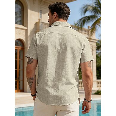 Men’s Linen Short-Sleeve Button-Down Shirt Contrast Stripe Casual Top