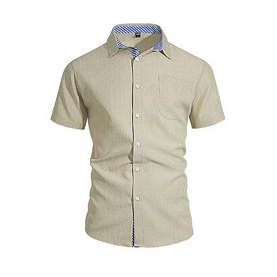 Men’s Linen Short-Sleeve Button-Down Shirt Contrast Stripe Casual Top