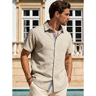 Men’s Linen Short-Sleeve Button-Down Shirt Contrast Stripe Casual Top