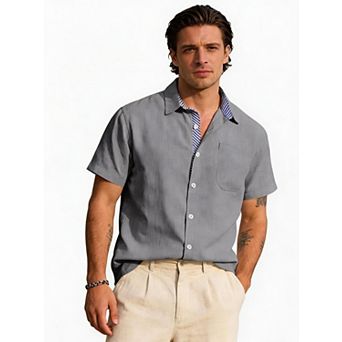 Men’s Linen Short-Sleeve Button-Down Shirt Contrast Stripe Casual Top