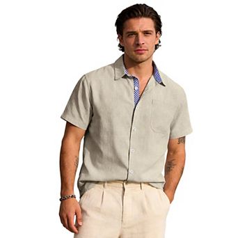 Men’s Linen Short-Sleeve Button-Down Shirt Contrast Stripe Casual Top