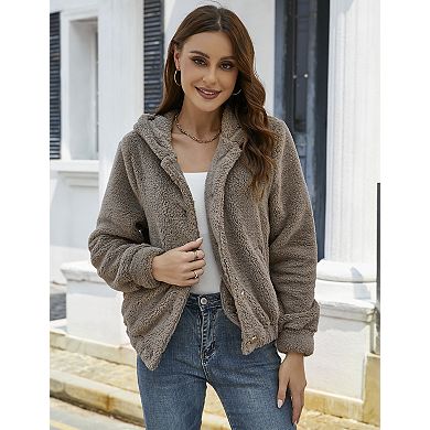 Women's Fuzzy Hooded Button Up Jacket with Pockets