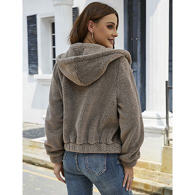 Women's Fuzzy Hooded Button Up Jacket with Pockets