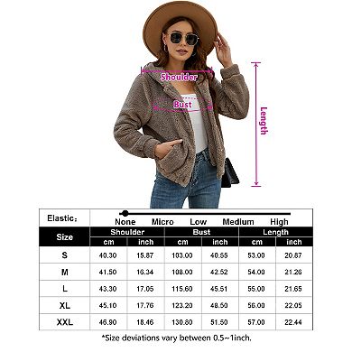 Women's Fuzzy Hooded Button Up Jacket with Pockets