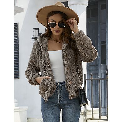 Women's Fuzzy Hooded Button Up Jacket with Pockets