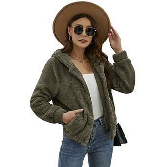 Women's Fuzzy Hooded Button Up Jacket with Pockets