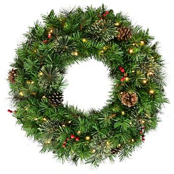 PULEO INTERNATIONAL 24-Inch Battery-Operated Pre-Lit Artificial Pine Wreath with Pinecones & Berries
