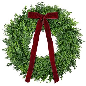 PULEO INTERNATIONAL 24-Inch Artificial PE Spruce Wreath with Red Velvet Bow