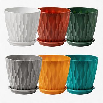 6 pc 6" Wave Texture PP Plant Pots With Drainage & Saucers Indoor Outdoor