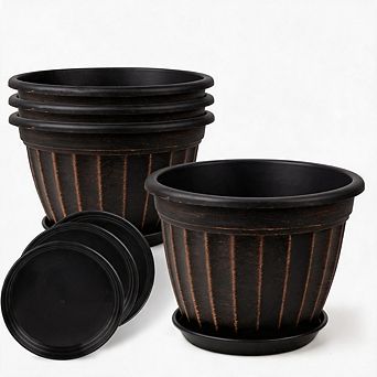 4 pc 8" Resin Planters With Drainage & Saucer Indoor Outdoor Decor Use