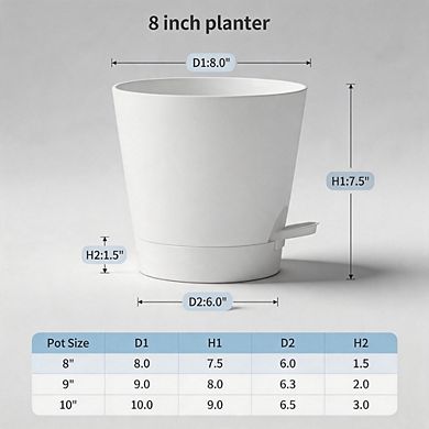 2Pcs 8" Self-Watering Planters With Deep Reservoir Indoor Outdoor Use